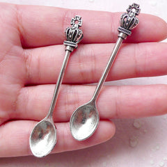 Crown Spoon Charms Silverware Charm (2pcs / 11mm x 59mm / Tibetan Silver) Cute Decoden Dollhouse Miniature Sweets Craft Keychain CHM1477
