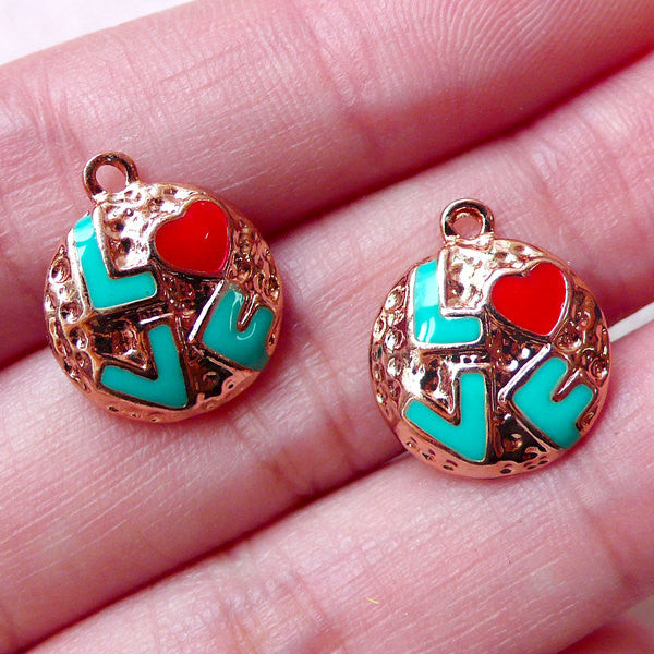 Love Enamel Charms Tag Charm (2pcs / 13mm x 16mm / Blue Green & Red) V, MiniatureSweet, Kawaii Resin Crafts, Decoden Cabochons Supplies