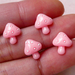 Mini Mushroom Cabochons (4pcs / 9mm x 10mm / Pink / Flat Back) Floating Charm Nail Art Nail Decoration Earrings Making Scrapbooking NAC200