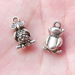 Tiny Owl Charms 3D Bird Charm (6pcs / 9mm x 14mm / Tibetan Silver) Cute Bangle Anklet Pendant Necklace Bracelet Earrings Zipper Pull CHM1489