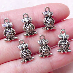 Tiny Owl Charms 3D Bird Charm (6pcs / 9mm x 14mm / Tibetan Silver) Cute Bangle Anklet Pendant Necklace Bracelet Earrings Zipper Pull CHM1489