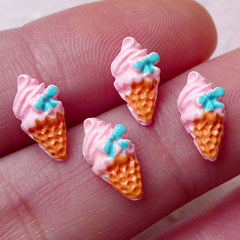 Miniature Strawberry Ice Cream Cabochons (4pcs / 5mm x 11mm / Pink / Flat Back) Dollhouse Sweets Nail Art Earring DIY Embellishment NAC201