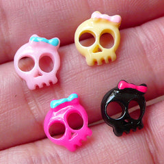 Mini Skull Cabochon w/ Kawaii Bow (4pcs / 9mm x 9mm / Mix Color) Skeleton Head Spooky Nail Art Deco Card Decoration Floating Charm NAC203