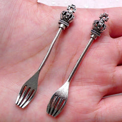 Crown Fork Charms Cutlery Charm (2pcs / 8mm x 60mm / Tibetan Silver) Kawaii Decoden Dollhouse Miniature Sweets Craft Zipper Pull CHM1505