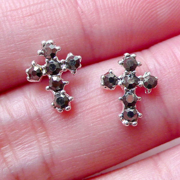CLEARANCE Mini Cross Cabochon w/ Rhinestones (2pcs / 8mm x 10mm / Black) Religious Cabochon Nail Art Card Decoration Scrapbook Floating Charm NAC205