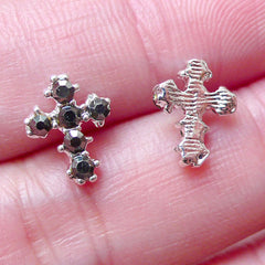 CLEARANCE Mini Cross Cabochon w/ Rhinestones (2pcs / 8mm x 10mm / Black) Religious Cabochon Nail Art Card Decoration Scrapbook Floating Charm NAC205