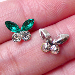 Mini Butterfly Cabochon w/ Green & Clear Rhinestones (2pcs / 10mm x 7mm) Tiny Insect Cabochon Nail Art Nail Decoration Floating Charm NAC208