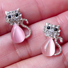 Mini Kitty Cabochon w/ Rhinestones (2pcs / 9mm x 14mm / Pink) Tiny Cat Cabochon Nail Art Card Decoration Scrapbooking Earrings Making NAC204