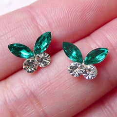 Mini Butterfly Cabochon w/ Green & Clear Rhinestones (2pcs / 10mm x 7mm) Tiny Insect Cabochon Nail Art Nail Decoration Floating Charm NAC208