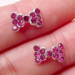 CLEARANCE Tiny Bow Floating Charm w/ Dark Pink Rhinestones (2pcs / 10mm x 7mm / Silver) Bow Tie Cabochon Nail Art Nail Decoration Scrapbook NAC216