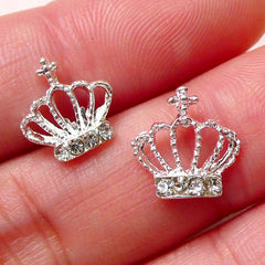 Princess Crown Floating Charm w/ Clear Rhinestones (2pcs / 10mm x 11mm / Silver) Mini Crown Cabochon Nail Art Cute Locket Making NAC223