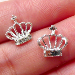 Princess Crown Floating Charm w/ Clear Rhinestones (2pcs / 10mm x 11mm / Silver) Mini Crown Cabochon Nail Art Cute Locket Making NAC223