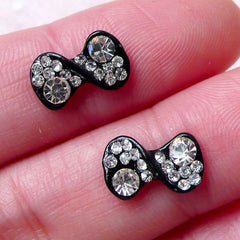 CLEARANCE Mini Bow Tie Cabochon w/ Clear Rhinestones (2pcs / 11mm x 7mm / Black) Tiny Bow Floating Charm Earrings Making Nail Art Nail Deco NAC230