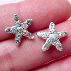 Tiny Starfish Cabochon w/ AB Clear Rhinestones (2pcs / 13mm x 12mm / Silver) Nail Art Card Deco Earring DIY Scrapbook Floating Charm NAC210