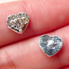 CLEARANCE Tiny Heart Cabochon w/ Clear Rhinestones (2pcs / 8mm x 7mm / Silver) Wedding Nail Art Card Decoration Earrings Making Floating Charm NAC211