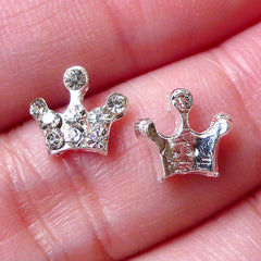 Mini Princess Crown Cabochon w/ Clear Rhinestones (2pcs / 9mm x 8mm / Silver) Nail Art Nail Decoration Earring Making Floating Charm NAC237