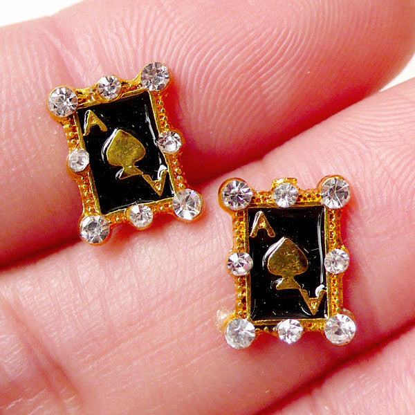 Tiny Ace of Spade Cabochon w/ Clear Rhinestones (2pcs / 8mm x 10mm / Gold & Black Enamel) Poker Playing Card Nail Art Floating Charm NAC213