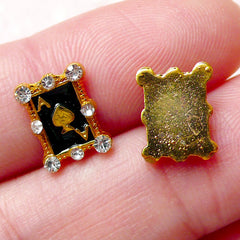 Tiny Ace of Spade Cabochon w/ Clear Rhinestones (2pcs / 8mm x 10mm / Gold & Black Enamel) Poker Playing Card Nail Art Floating Charm NAC213