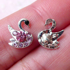 Swan Floating Charm w/ Pink Rhinestones (2pcs / 8mm x 10mm / Silver) Tiny Swan Cabochon Nail Art Nail Deco Earring DIY Embellishment NAC238