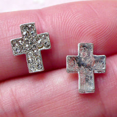 Tiny Cross Floating Charm w/ Clear Rhinestones (2pcs / 8mm x 10mm / Silver) Religious Locket Making Nail Art Nail Deco Embellishment NAC217