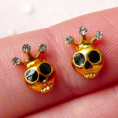 Skull Floating Charm w/ Clear Rhinestones (2pcs / 7mm x 9mm / Gold with Black Enamel) Tiny Skeleton Cabochon Nail Art Earrings Making NAC220