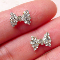 Bow Tie Floating Charm w/ Clear Rhinestones (2pcs / 10mm x 7mm / Silver) Mini Bow Cabochon Nail Art Nail Decoration Earrings Making NAC226