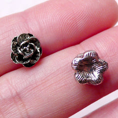 Tiny Flower Cabochons (3pcs / 8mm / Black Silver) Mini Rose Cabochon Earrings Making Nail Art Nail Decoration Scrapbook Embellishment NAC231