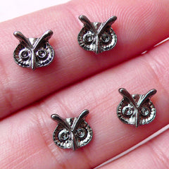 Mini Owl Cabochons (4pcs / 7mm x 7mm / Black Silver) Tiny Bird Floating Charm Earrings Making Nail Art Nail Decoration Embellishment NAC232