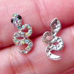 Snake Floating Charm w/ AB Clear Rhinestone (2pcs / 7mm x 13mm / Silver) Mini Snake Cabochon Nail Decoration Earring DIY Scrapbooking NAC235