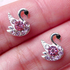 Swan Floating Charm w/ Pink Rhinestones (2pcs / 8mm x 10mm / Silver) Tiny Swan Cabochon Nail Art Nail Deco Earring DIY Embellishment NAC238