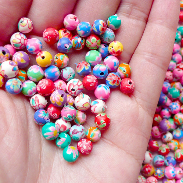 Polymer Clay Beads Mix / Assorted Flower Beads (6mm / Round / Floral /, MiniatureSweet, Kawaii Resin Crafts, Decoden Cabochons Supplies