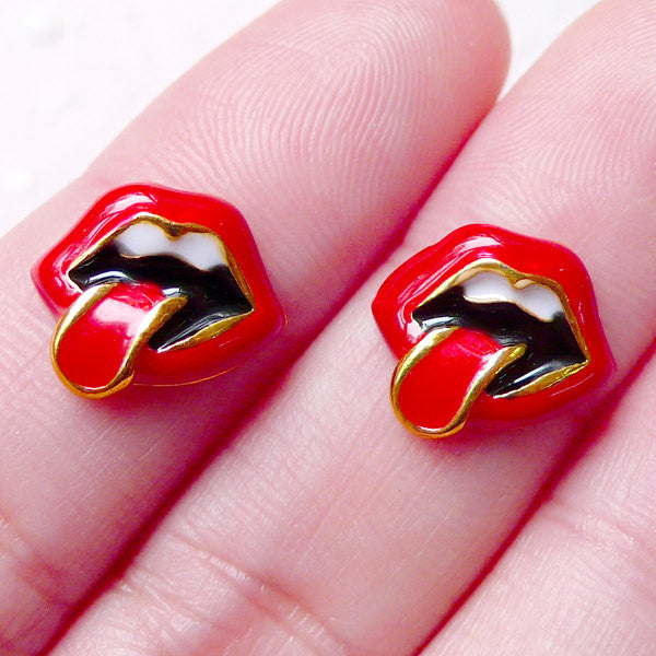 Lips Floating Charms / Tiny Mouth Cabochon with Tongue (2pcs / 13mm x 11mm / Gold with Black, Red & White Enamel) Nail Art Nail Deco NAC242
