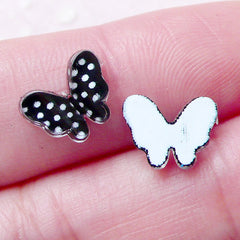 Butterfly Floating Charms / Tiny Insect Resin Cabochon (3pcs / 10mm x 8mm / Black & White Polka Dot) Nail Art Nail Deco Scrapbooking NAC244