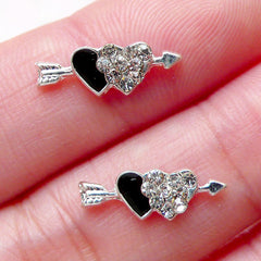 Valentines Day Nail Art / Heart Arrow Floating Charms with Clear Rhinestones (2pcs / 15mm x 5mm / Silver with Black Enamel) Nail Deco NAC260