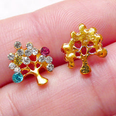 Tree of Life Floating Charms / Tiny Tree Cabochons with Colorful Rhinestones (2pcs / 10mm x 11mm / Gold) Nail Art Nail Decoration NAC266