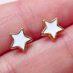CLEARANCE Cute Star Floating Charm / Star Cabochon (2pcs / 7mm x 7mm / Gold and White Enamel) Nail Art Card Decoration Earring DIY Scrapbooking NAC269