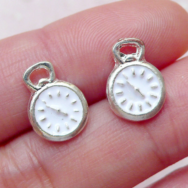 Tiny Pocket Watch Cabochons Clock Floating Charms 2pcs 9mm x 12mm Silver with White Enamel Nail Decoration DIY Living Locket NAC248