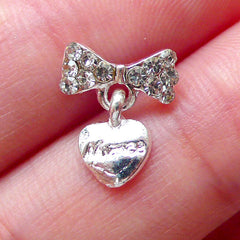 Bow w/ Heart Dangle Nail Art (1 piece / 10mm x 12mm / Silver with Clear Rhinestones) Princess Nail Art Nail Decoration Floating Charm NAC262