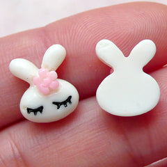 Tiny Bunny Cabochon / Mini Rabbit with Flower Cabochon (2pcs / 10mm x 12mm / White) Nail Art Card Decoration Scrapbooking DIY Earring NAC264