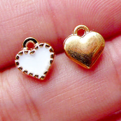 Mini Heart Enamel Charms / Heart Drop (2pcs / 8mm x 8mm / Gold & White) Necklace Bracelet Bangle Anklet Earring Keychain Favor Charm CHM1513