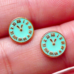 Clock Floating Charm / Tiny Clock Cabochon (2pcs / 8mm / Gold and Green Enamel) Nail Art Nail Decoration Earring Making Scrapbooking NAC270