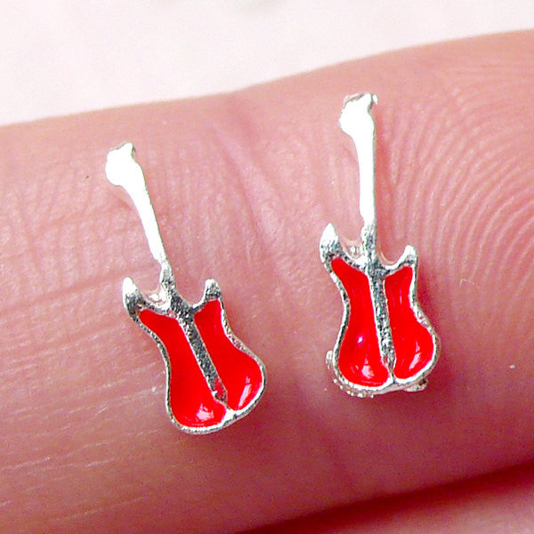 CLEARANCE Tiny Guitar Cabochon / Guitar Floating Charm (2pcs / 4mm x 10mm / Silver with Red Enamel) Nail Art Nail Deco Scrapbook Embellishment NAC276