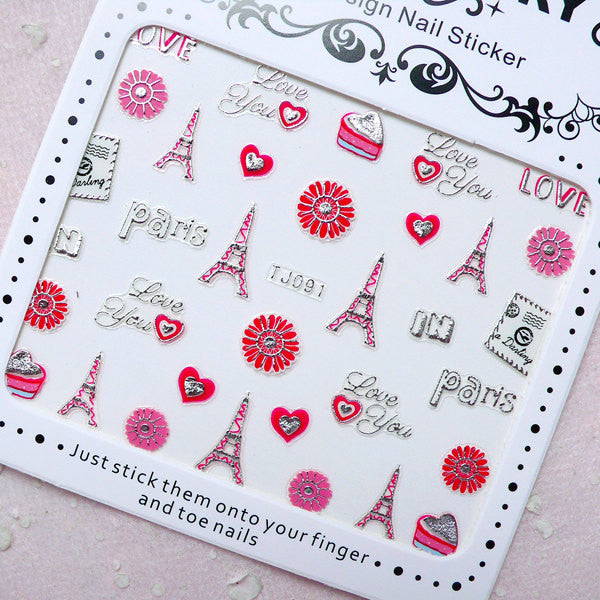 Eiffel Tower Nail Sticker (Paris, Flower, Heart, Postcard, Sweets, Love You / Silver) Nail Art Nail Decoration Manicure Cute Diary Deco S252