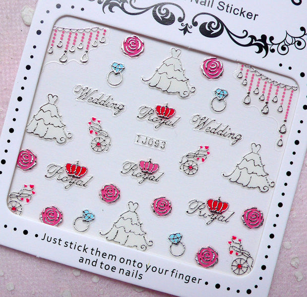 Bridal Nail Sticker (Wedding Gown Dress, Rose, Diamond Ring / Silver) Nail Art Nail Deco Lovely Manicure Diary Decoration Card Making S254