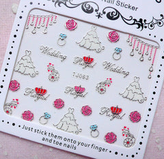 Bridal Nail Sticker (Wedding Gown Dress, Rose, Diamond Ring / Silver) Nail Art Nail Deco Lovely Manicure Diary Decoration Card Making S254