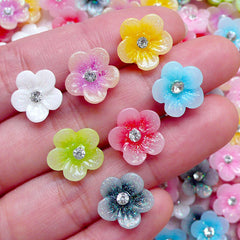 Flower Cabochon with Clear Rhinestones and Glitter (5pcs by Random / 11mm / Flat Back) Sakura Plum Decoden Floral Embellishment CAB379