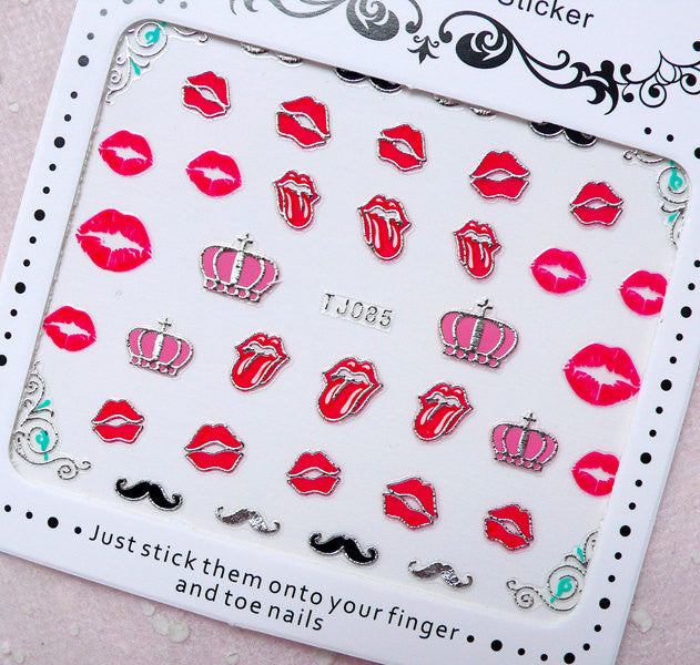 Sexy Nail Sticker (Lips, Crown, Mustache / Silver) Nail Art Nail Deco Scrapbooking Embellishment Diary Decoration Collage Manicure S250