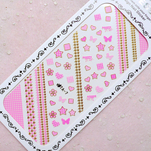 Cute Nail Sticker (Star Heart Flower Square Houndstooth / Gold & Pink) Kawaii Nail Art Nail Deco Diary Decoration Manicure Scrapbooking S282