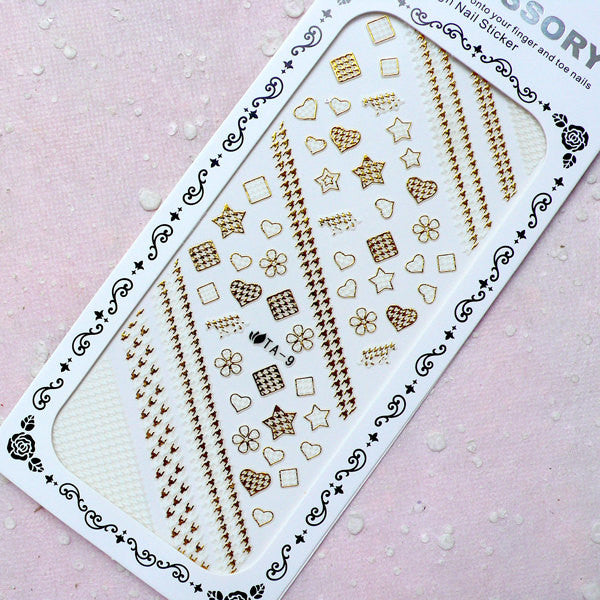 Gold Nail Sticker (Star Heart Flower Square Houndstooth) Wedding Nail Art Bridal Nail Deco Diary Decoration Manicure Embellishment S280