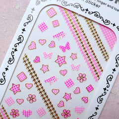 Cute Nail Sticker (Star Heart Flower Square Houndstooth / Gold & Pink) Kawaii Nail Art Nail Deco Diary Decoration Manicure Scrapbooking S282